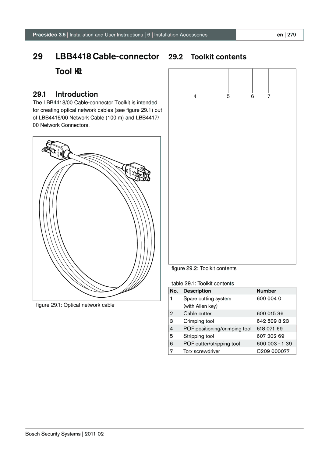 Bosch Appliances 3.5 manual 29 LBB4418 Cable-connector Tool Kit, Toolkit contents 