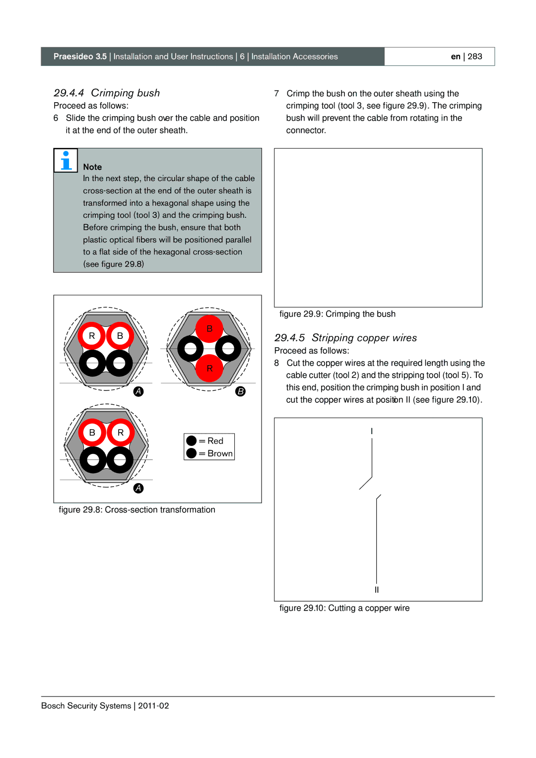Bosch Appliances 3.5 manual Crimping bush, Stripping copper wires, = Red, = Brown 