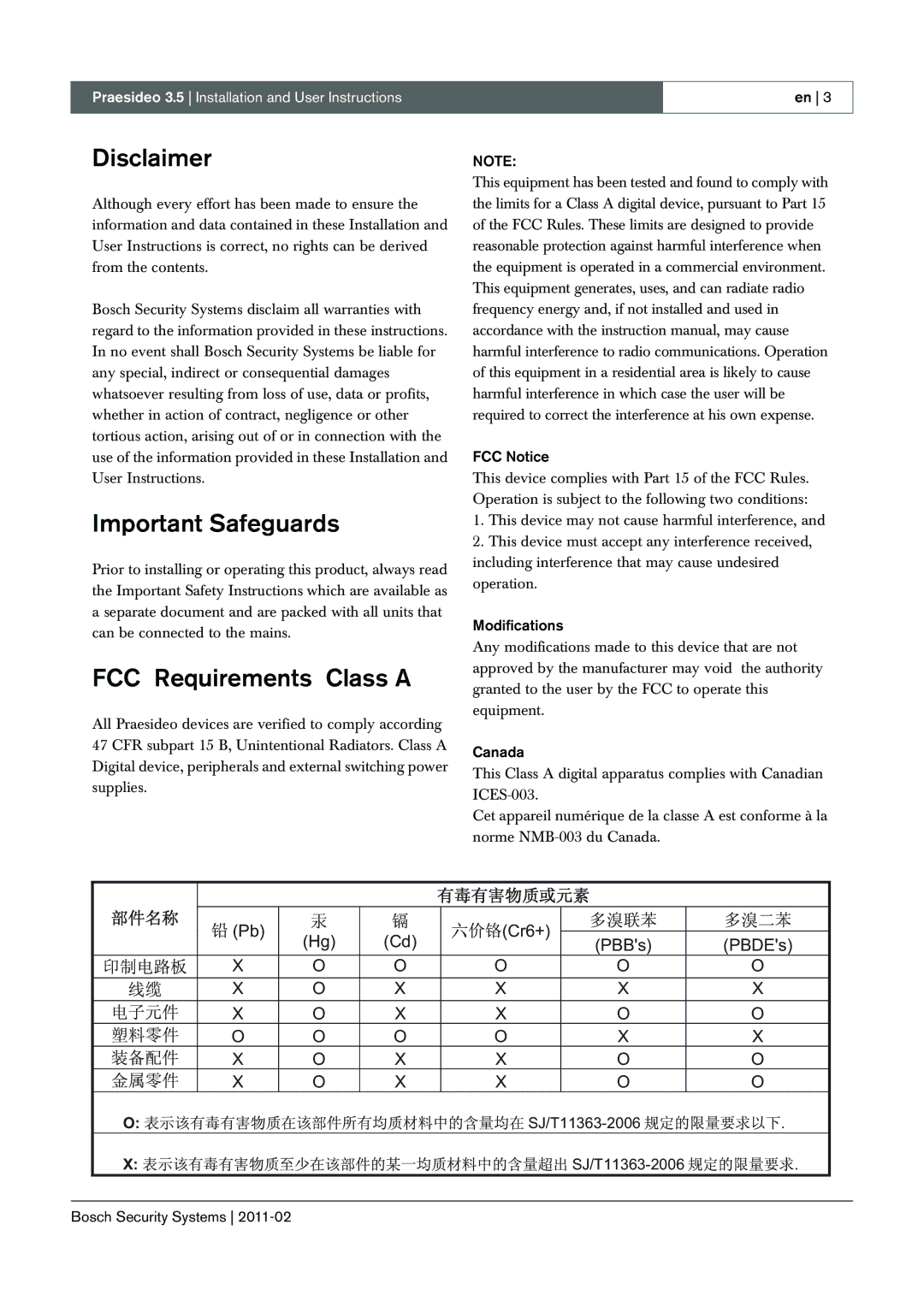 Bosch Appliances 3.5 manual Disclaimer, Important Safeguards, FCC Requirements Class a 