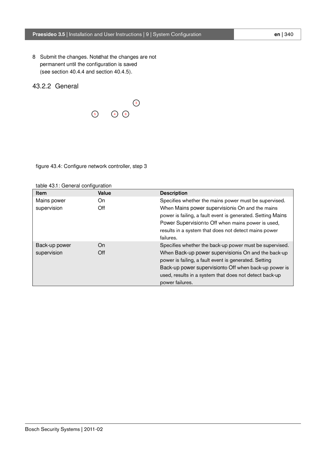 Bosch Appliances 3.5 manual General, Mains power, Back-up power, Supervision Off 