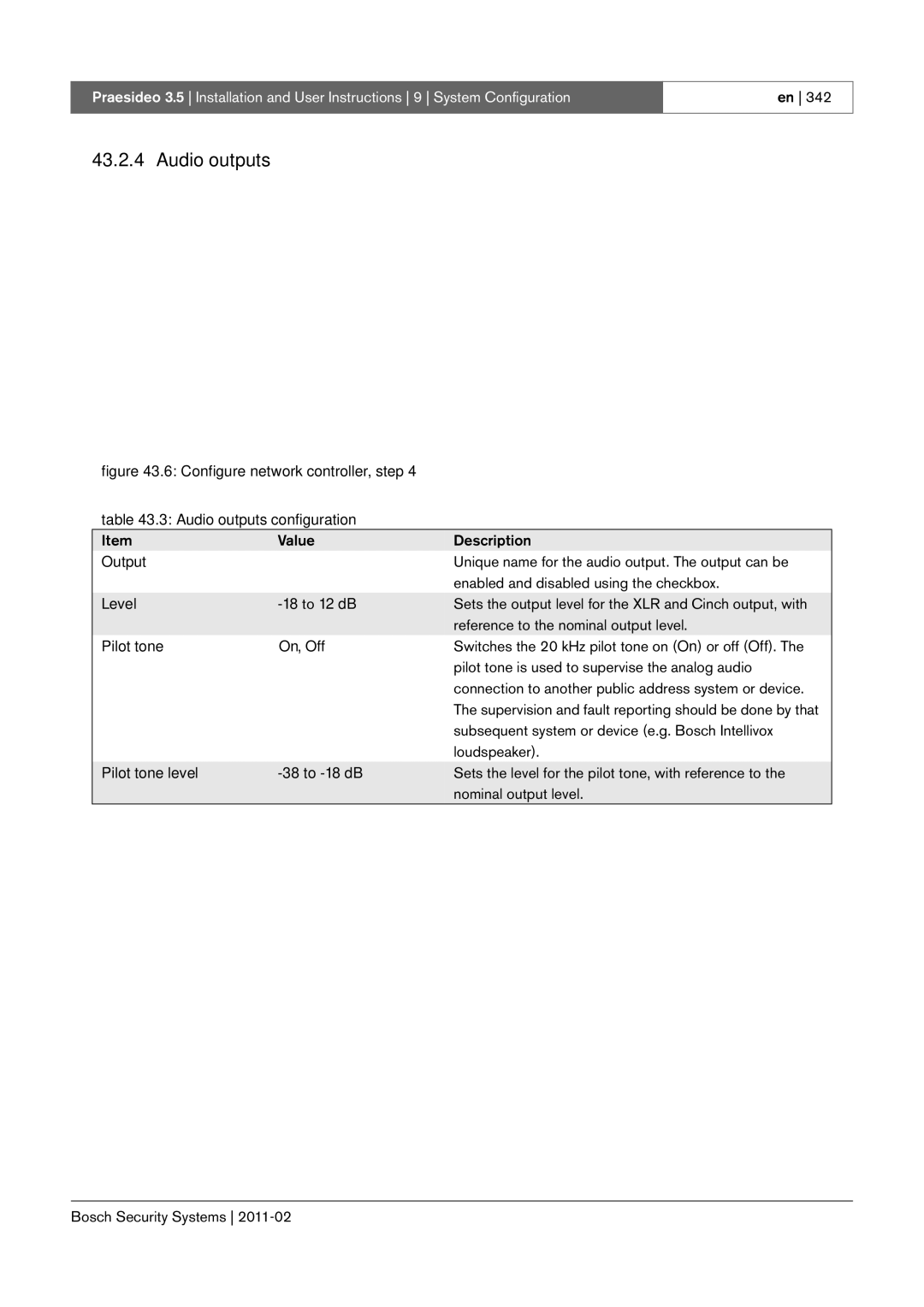 Bosch Appliances 3.5 manual Output, Level 18 to 12 dB, Pilot tone On, Off, Pilot tone level To -18 dB 