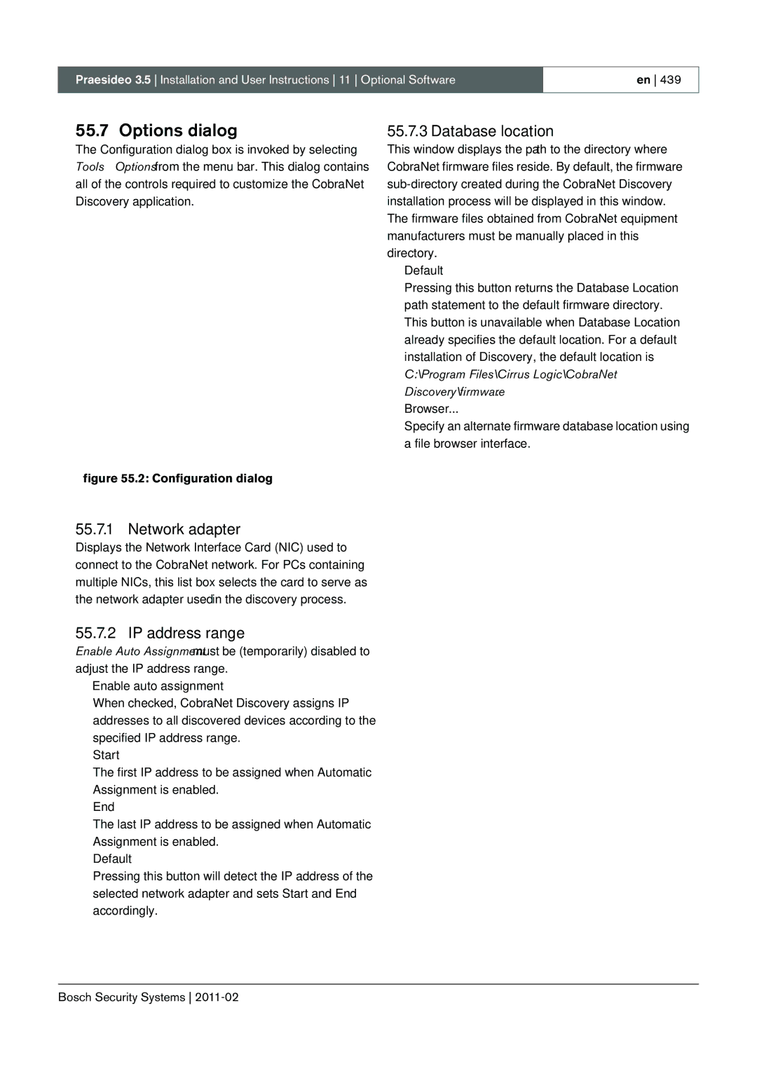 Bosch Appliances 3.5 manual Options dialog, Network adapter, IP address range, Database location 