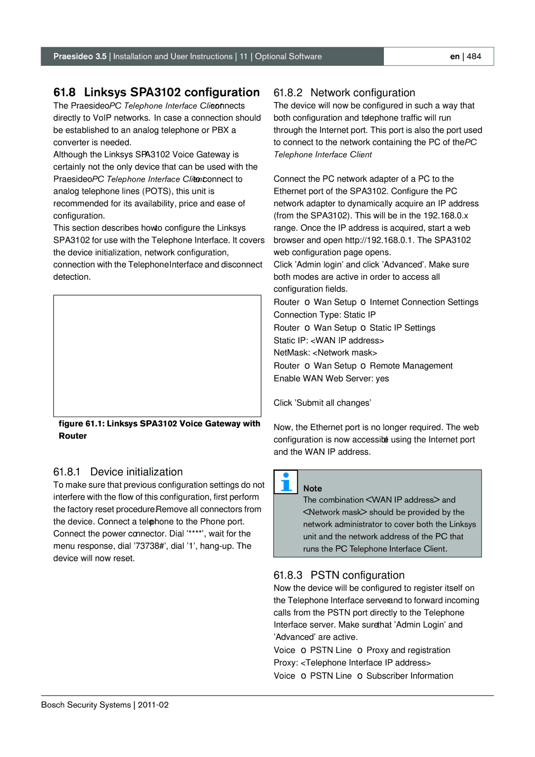 Bosch Appliances 3.5 manual Linksys SPA3102 configuration, Network configuration, Device initialization, Pstn configuration 