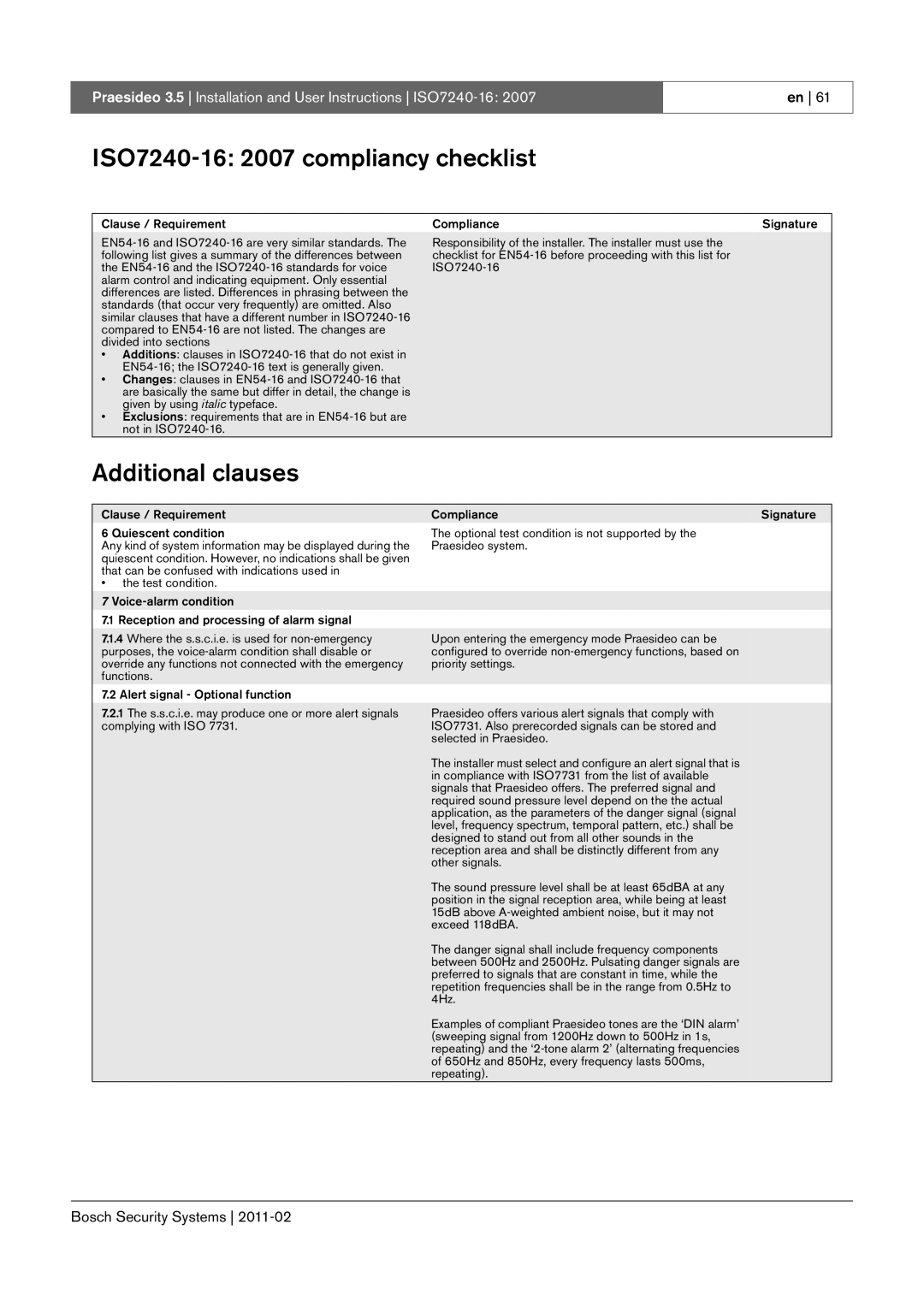 Bosch Appliances 3.5 manual ISO7240-16 2007 compliancy checklist, Additional clauses 