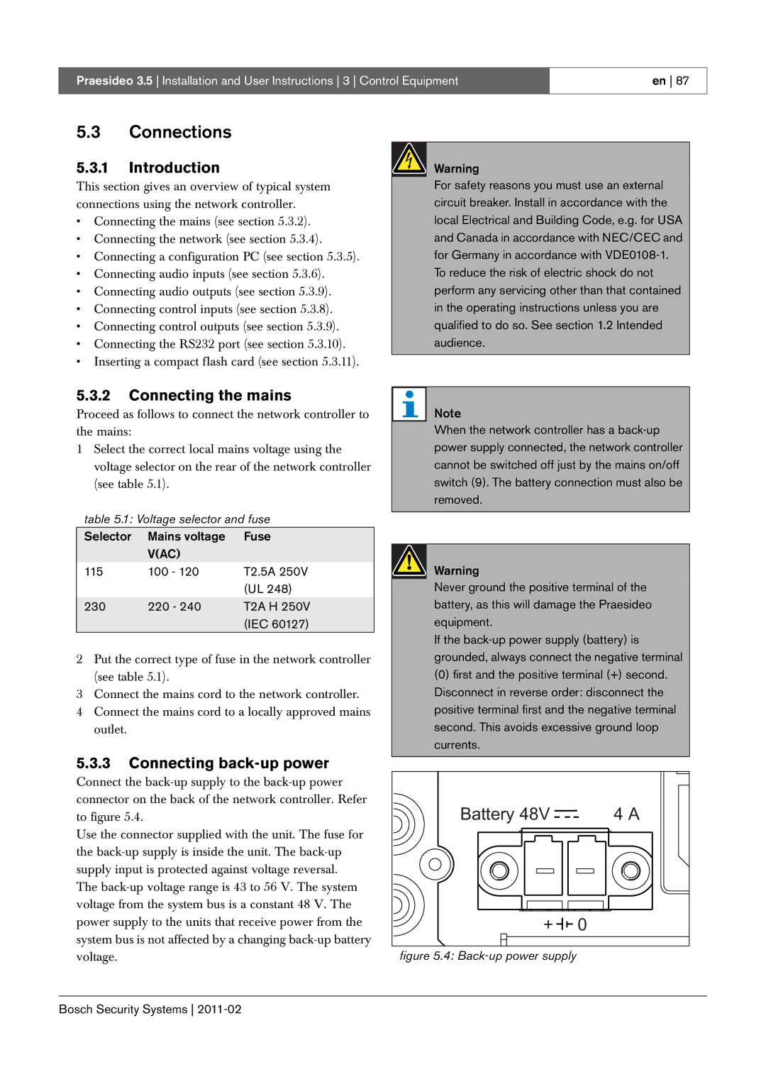 Bosch Appliances 3.5 manual Connections, Connecting the mains, Connecting back-up power, Voltage selector and fuse 