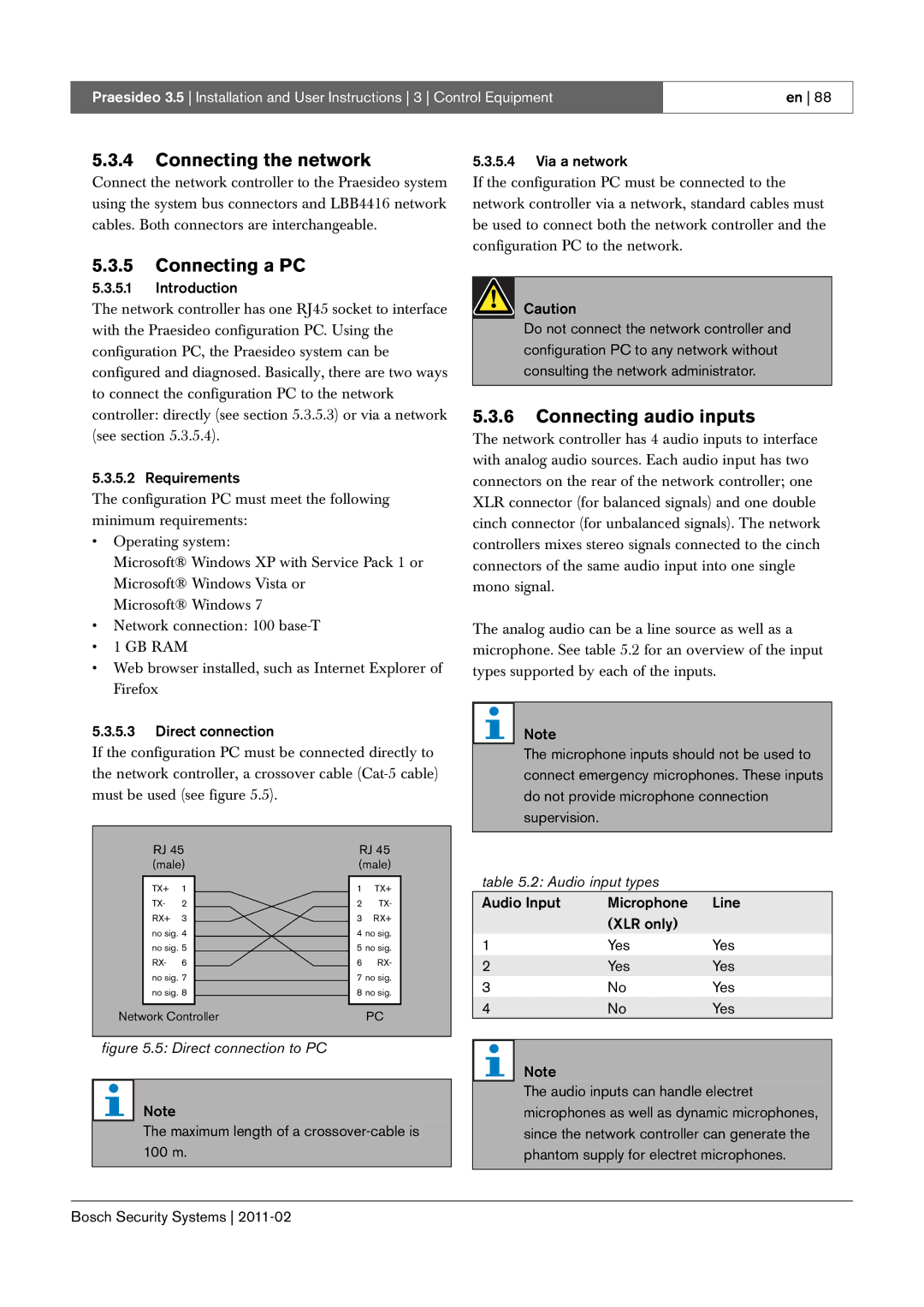 Bosch Appliances 3.5 manual Connecting the network, Connecting a PC, Connecting audio inputs, Audio input types 