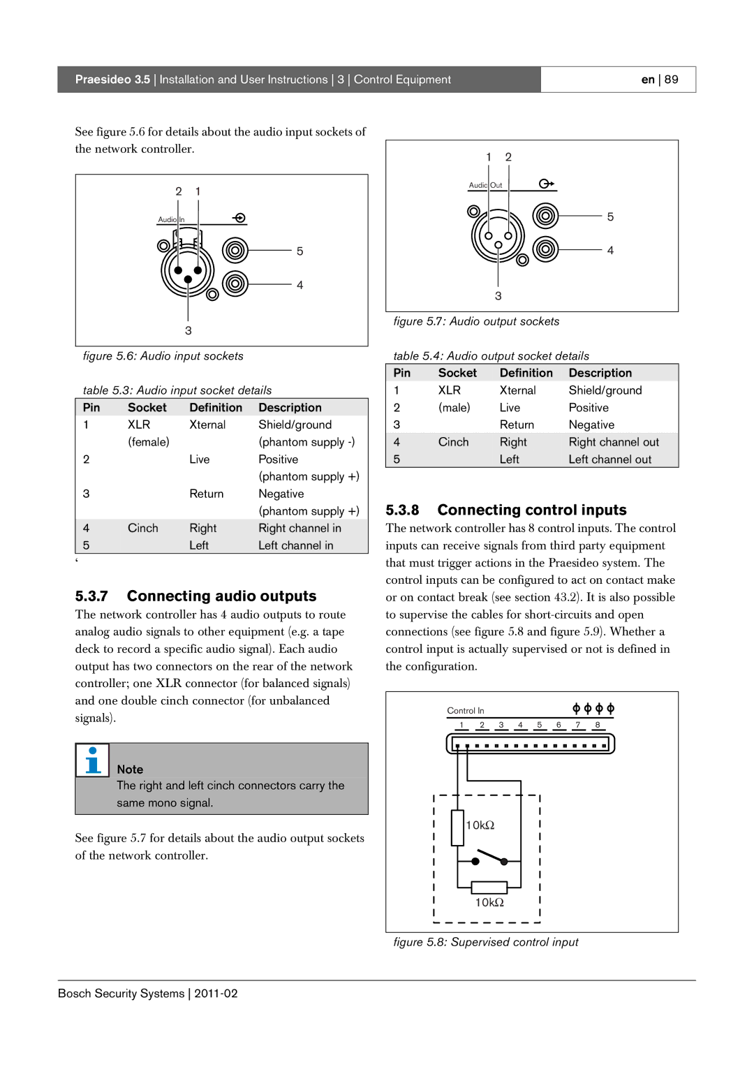 Bosch Appliances 3.5 manual Connecting audio outputs, Connecting control inputs, Pin Socket Definition Description, 10k Ω 