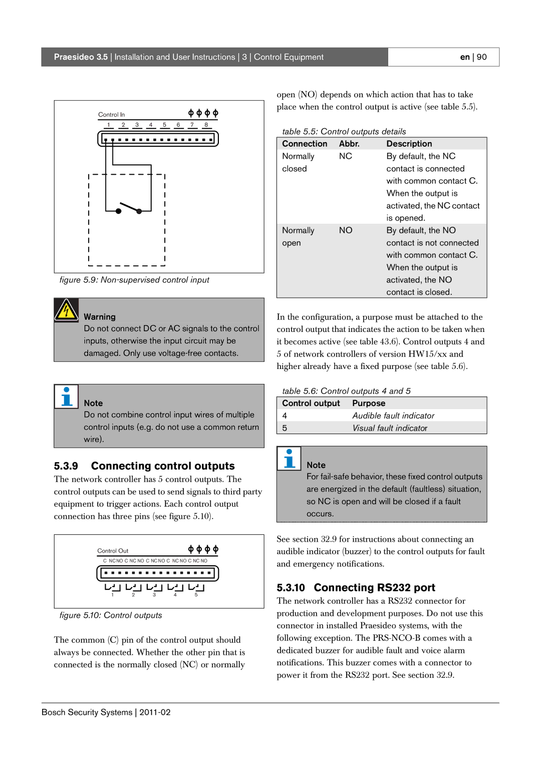 Bosch Appliances 3.5 manual Connecting control outputs, Connecting RS232 port 