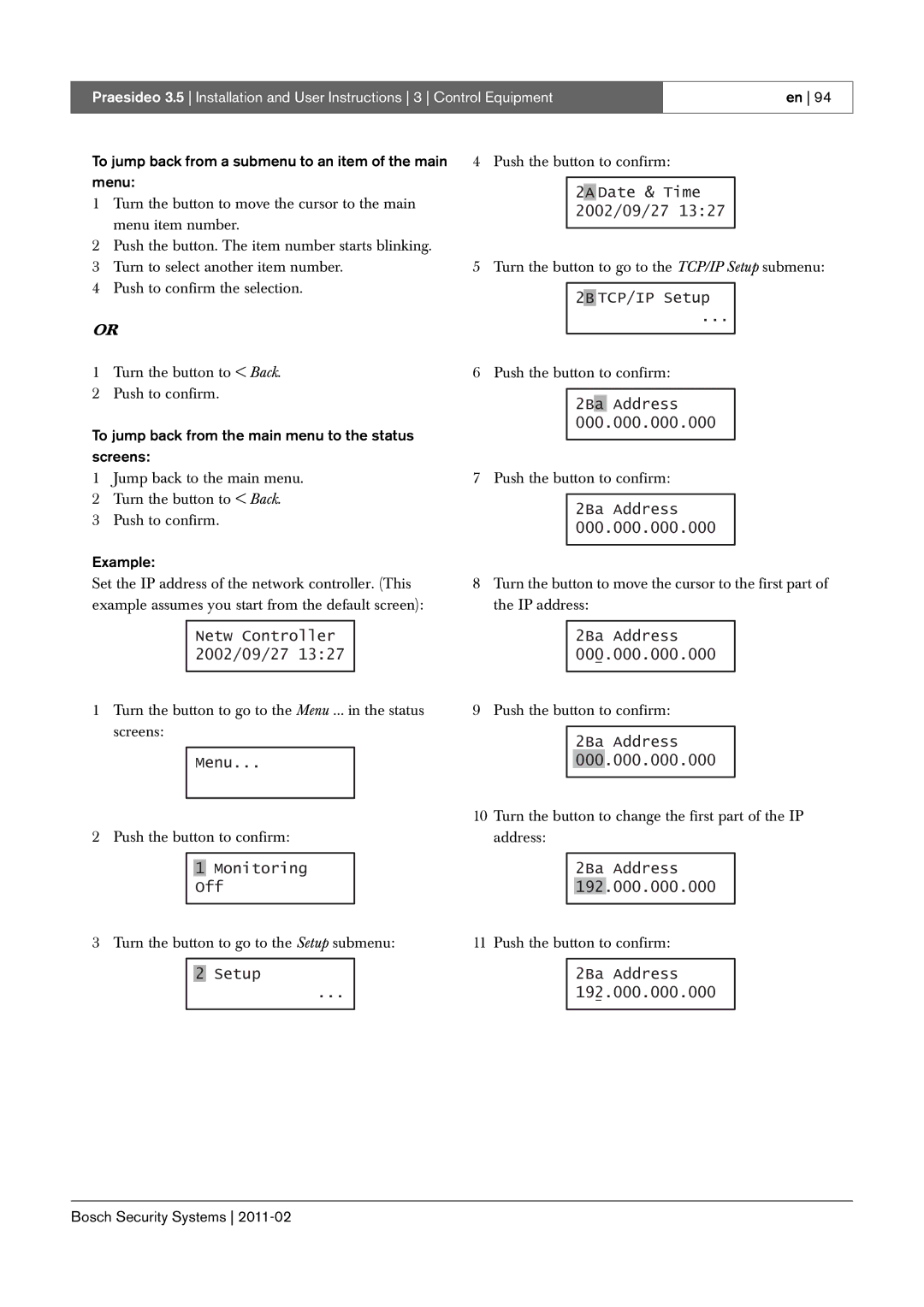 Bosch Appliances 3.5 manual To jump back from a submenu to an item of the main Menu, Example 