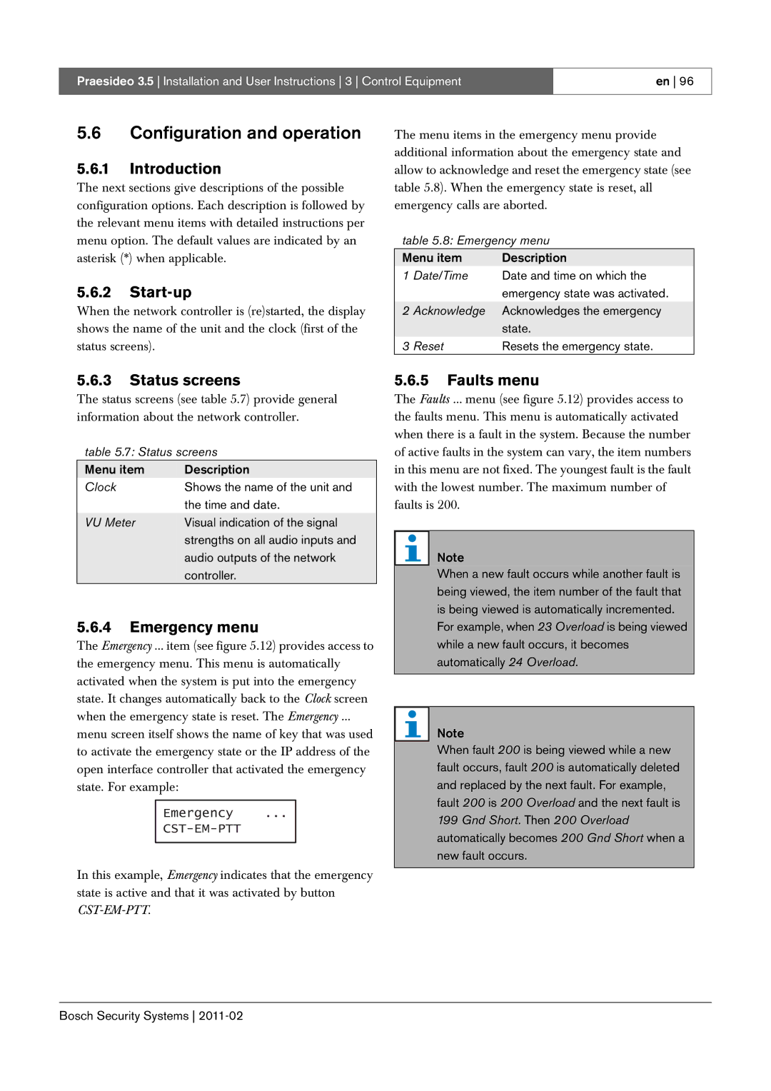 Bosch Appliances 3.5 manual Configuration and operation, Start-up, Status screens, Emergency menu, Faults menu 