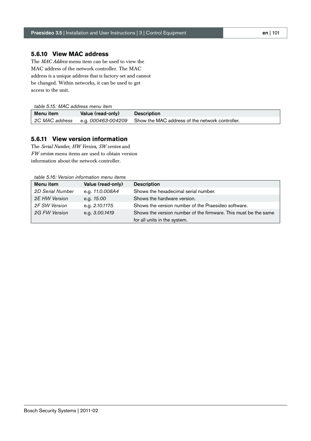 Bosch Appliances 3.5 View MAC address, View version information, 15: MAC address menu item, 2C MAC address, 2E HW Version 