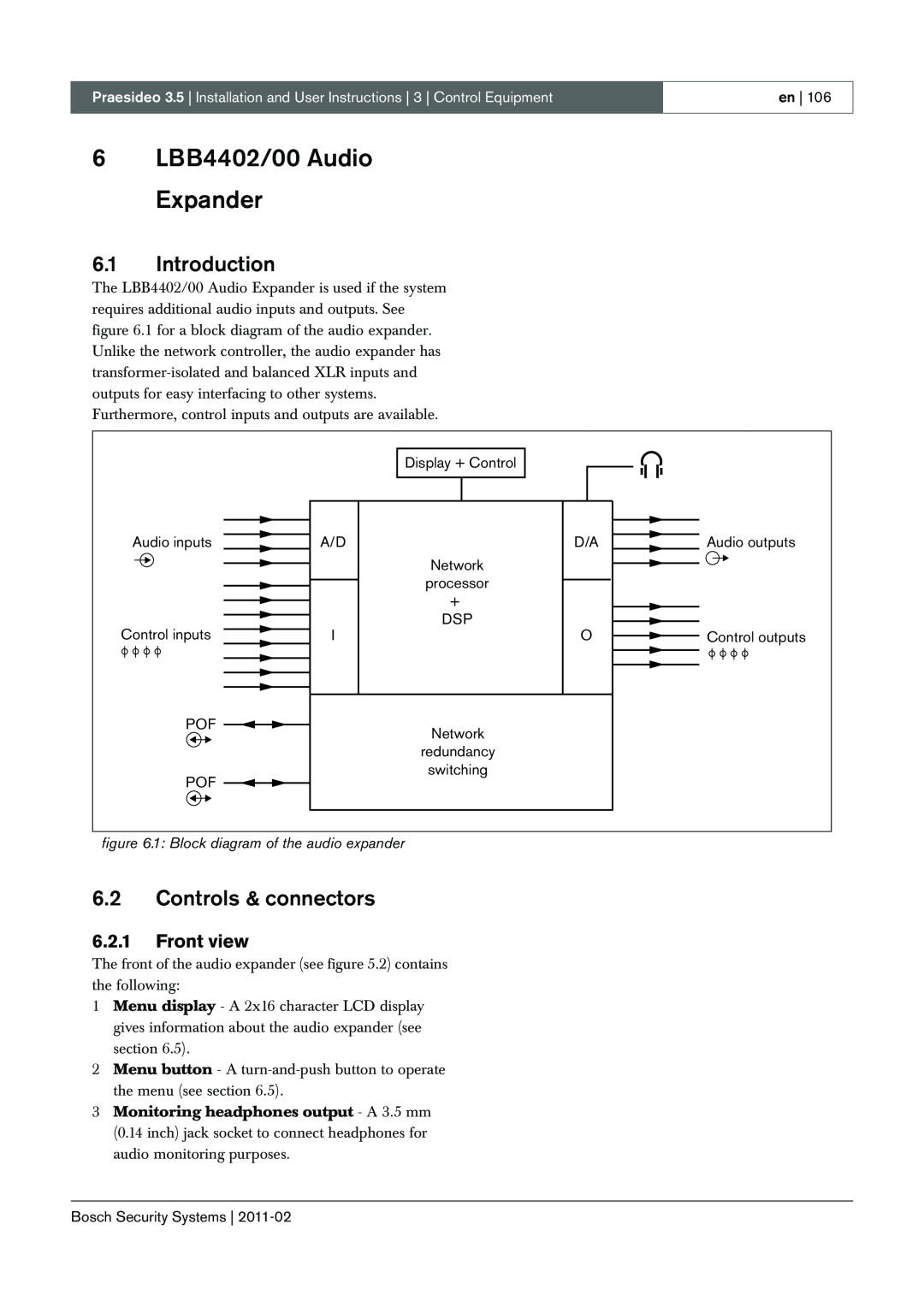 Bosch Appliances 3.5 manual 6LBB4402/00 Audio Expander, 6.1Introduction, 6.2Controls & connectors, 6.2.1Front view 