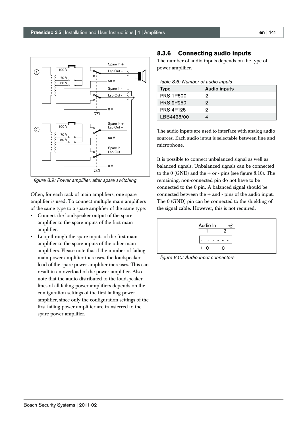 Bosch Appliances 3.5 manual 8.3.6Connecting audio inputs, 6: Number of audio inputs, 10: Audio input connectors 