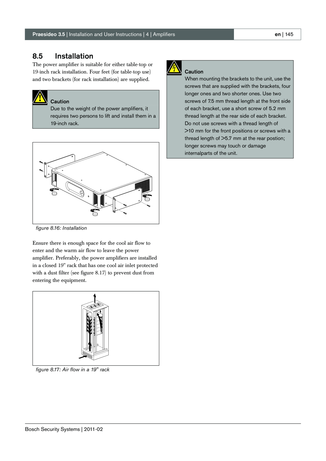 Bosch Appliances 3.5 manual 8.5Installation, 16 Installation, 17: Air flow in a 19 rack, en, Bosch Security Systems 