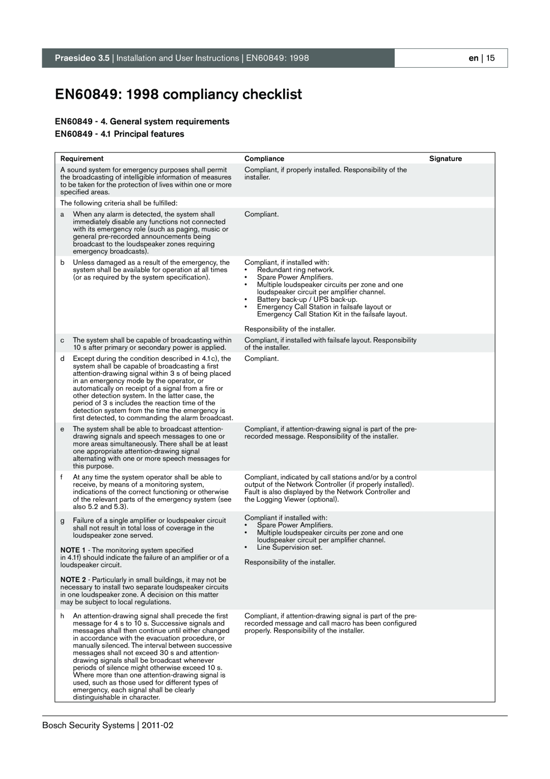 Bosch Appliances 3.5 manual EN60849 1998 compliancy checklist, EN60849 - 4. General system requirements 