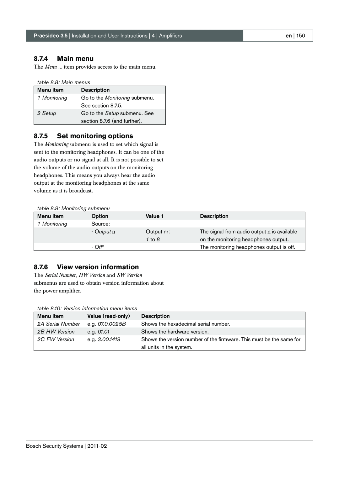 Bosch Appliances 3.5 8.7.4Main menu, 8.7.5Set monitoring options, 8.7.6View version information, 8: Main menus, Monitoring 