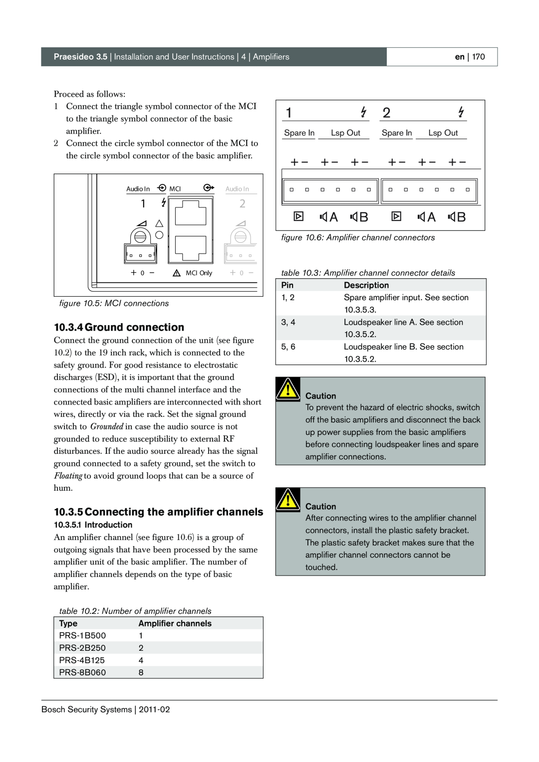 Bosch Appliances 3.5 manual + – + – + – + – + – +, Ground connection, Connecting the amplifier channels, 5: MCI connections 