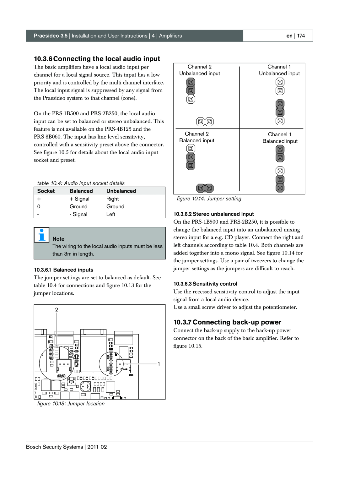 Bosch Appliances 3.5 manual Connecting the local audio input, Connecting back-uppower, 4: Audio input socket details 