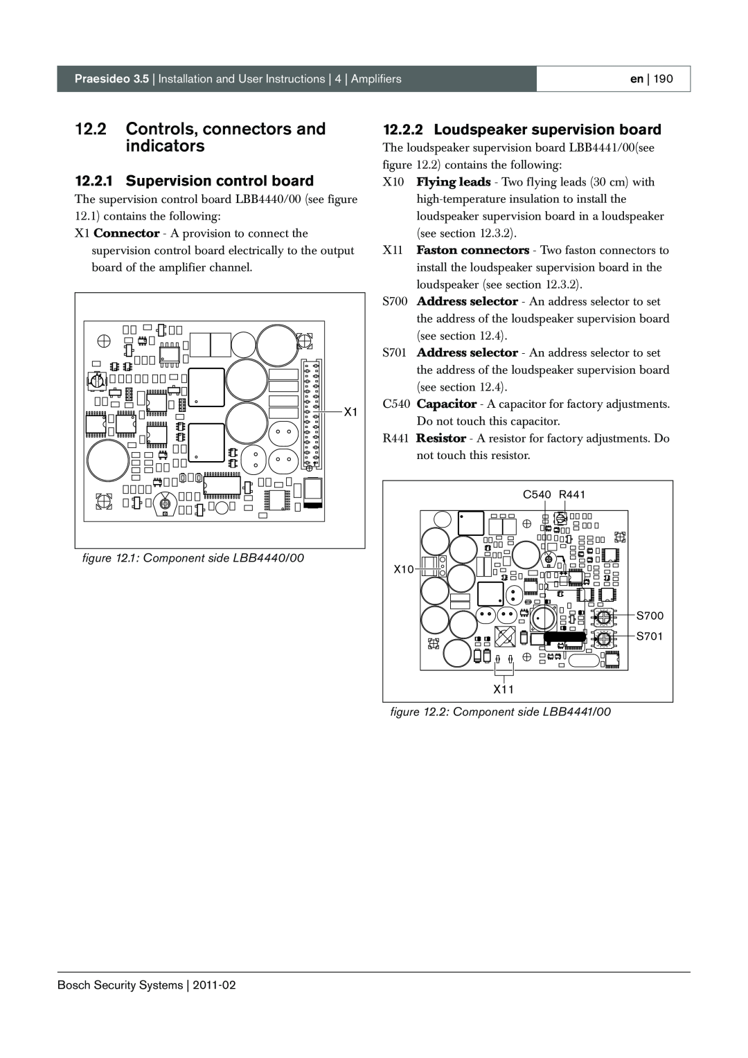 Bosch Appliances 3.5 12.2Controls, connectors and indicators, Supervision control board, Loudspeaker supervision board 