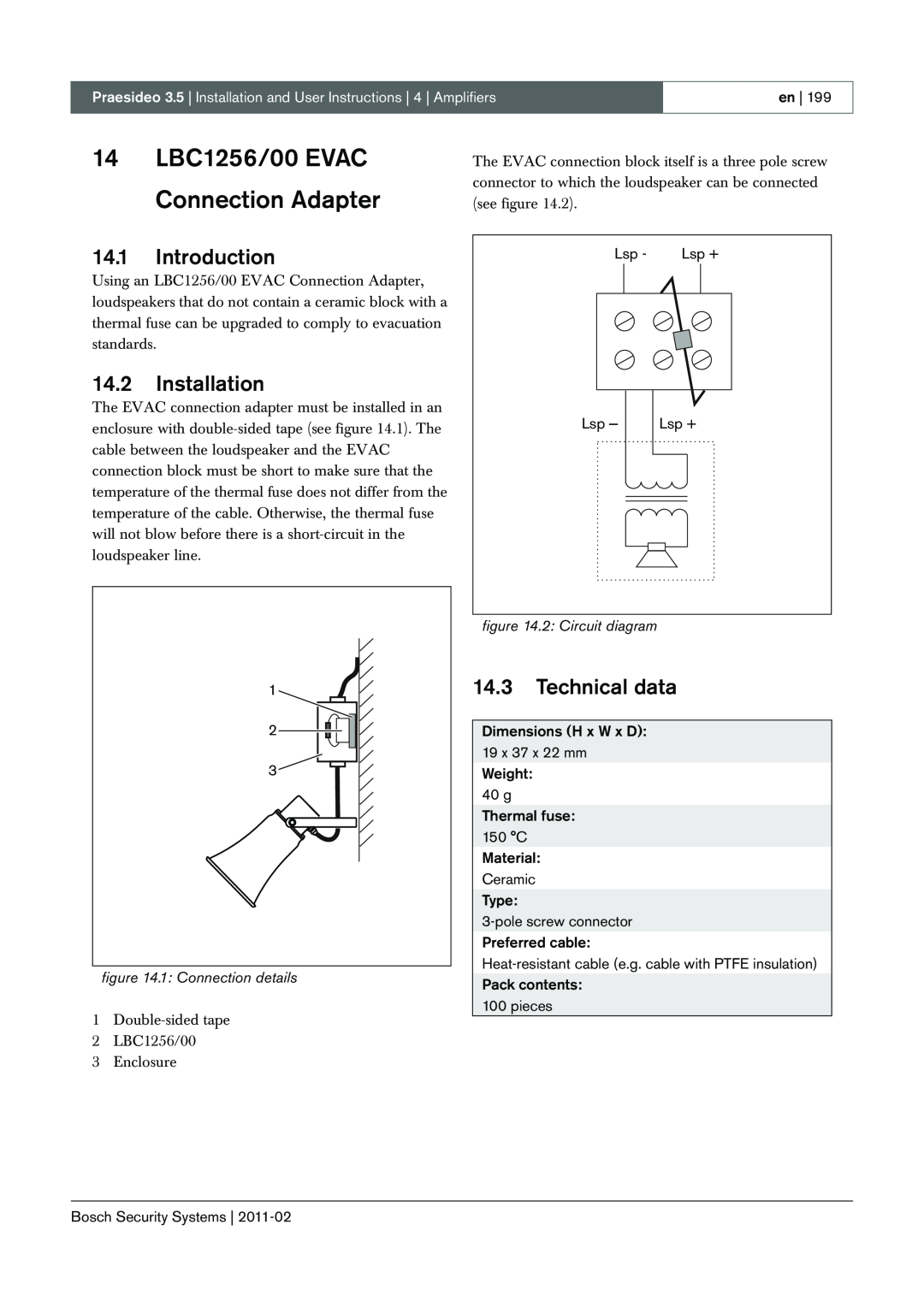 Bosch Appliances 3.5 manual 14LBC1256/00 EVAC Connection Adapter, 14.1Introduction, 14.2Installation, 14.3Technical data 