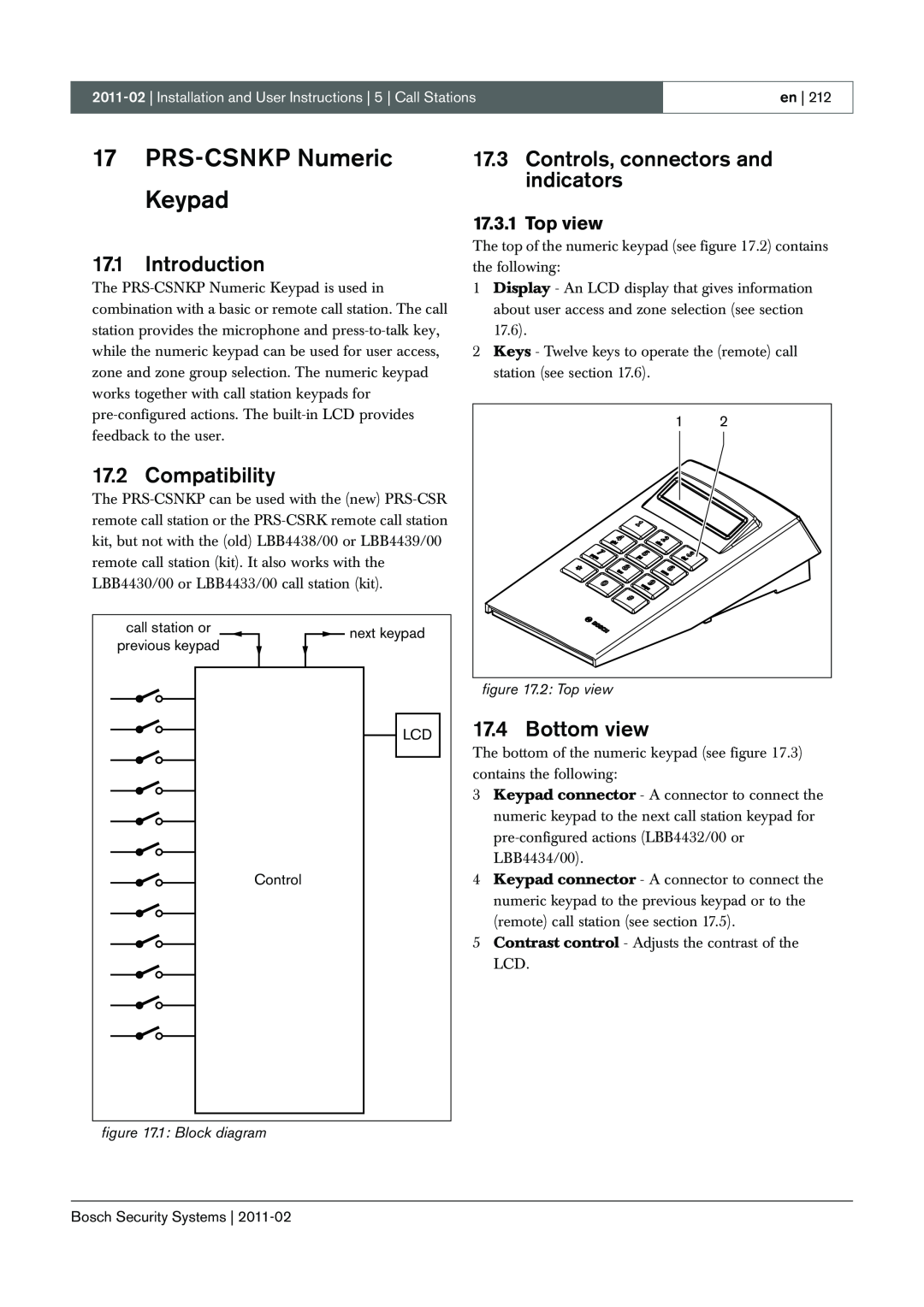 Bosch Appliances 3.5 manual 17PRS-CSNKPNumeric Keypad, Introduction, Compatibility, 17.3Controls, connectors and indicators 