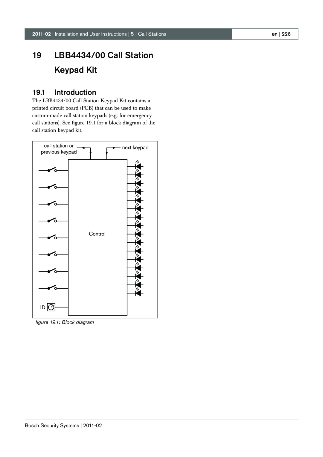 Bosch Appliances 3.5 manual 19LBB4434/00 Call Station Keypad Kit, 19.1Introduction, 1: Block diagram 