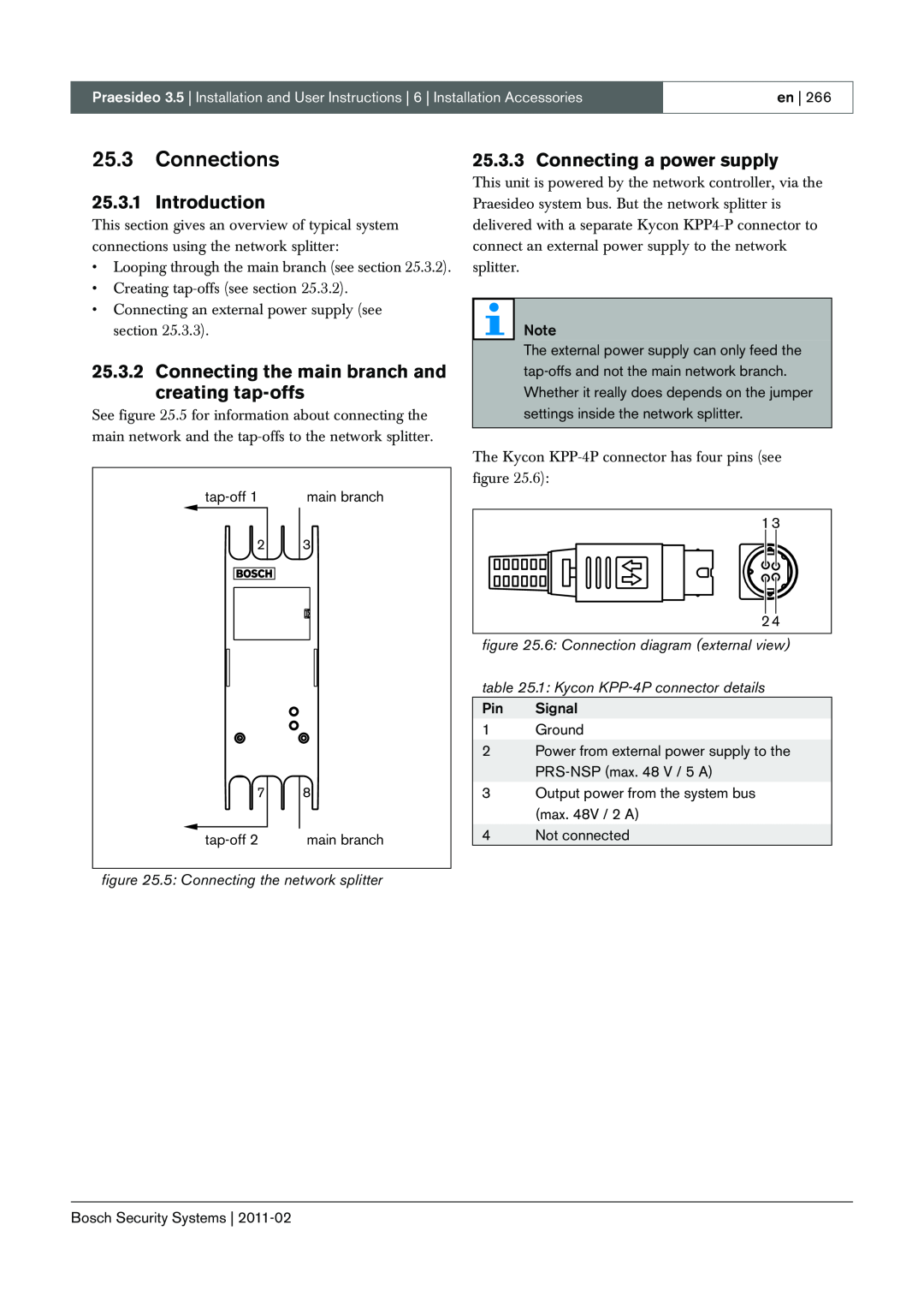 Bosch Appliances 3.5 manual 25.3Connections, Introduction, Connecting a power supply, 5: Connecting the network splitter 