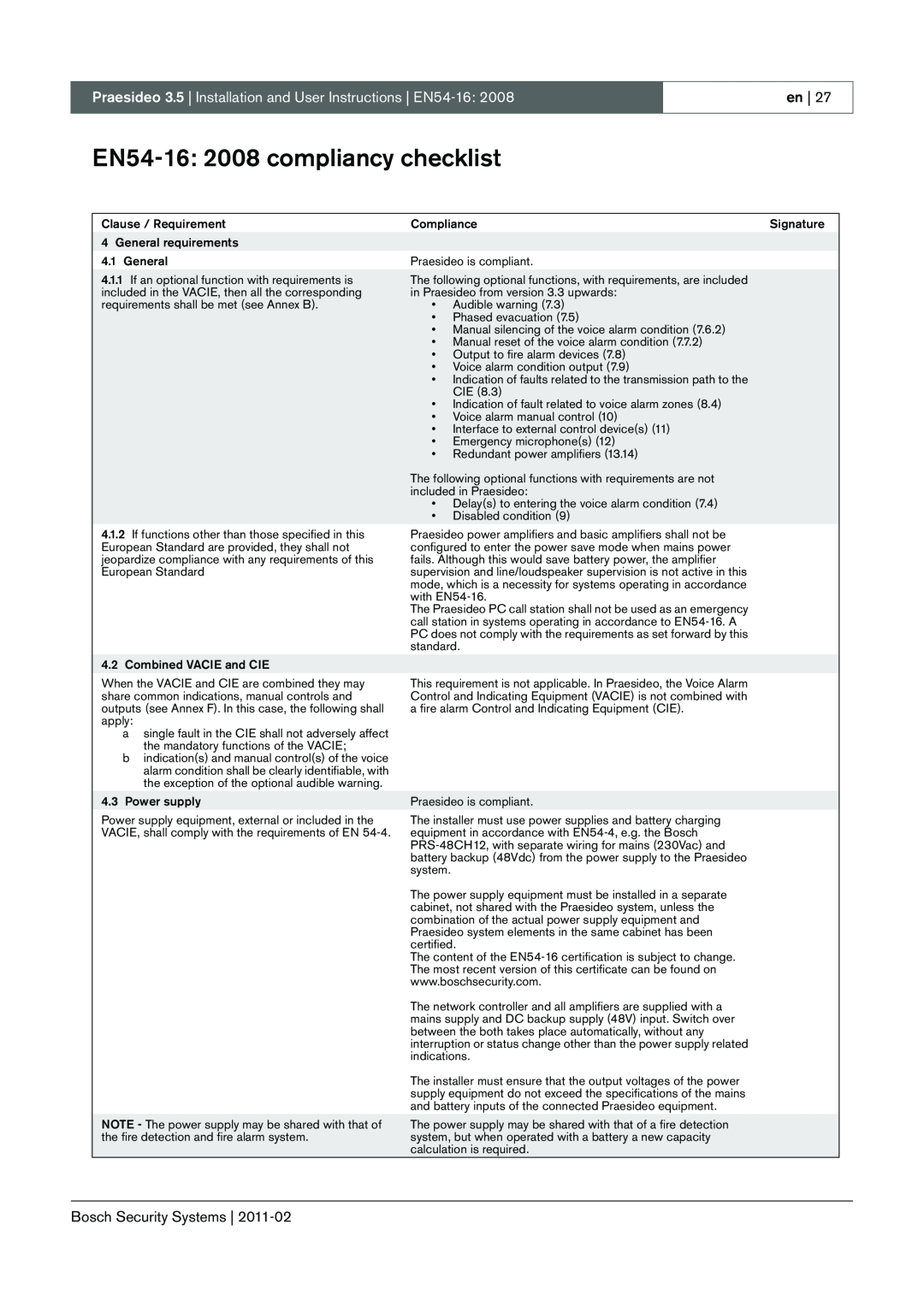 Bosch Appliances 3.5 manual EN54-16:2008 compliancy checklist 
