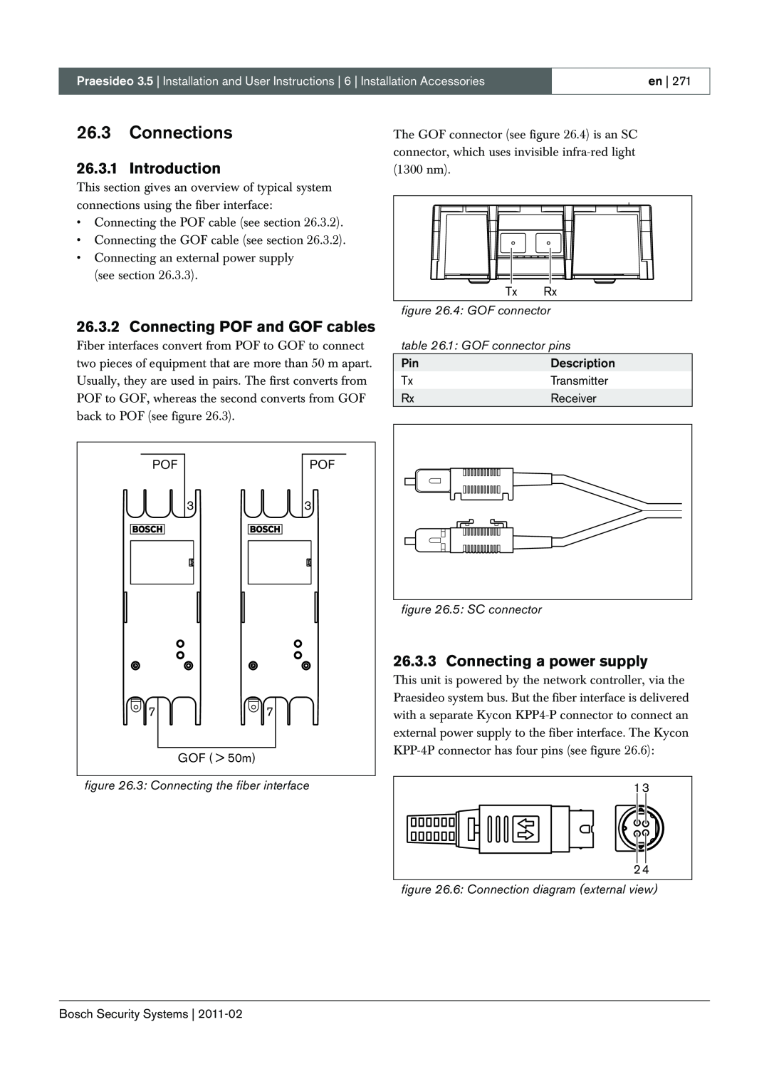 Bosch Appliances 3.5 manual 26.3Connections, Introduction, Connecting POF and GOF cables, Connecting a power supply 