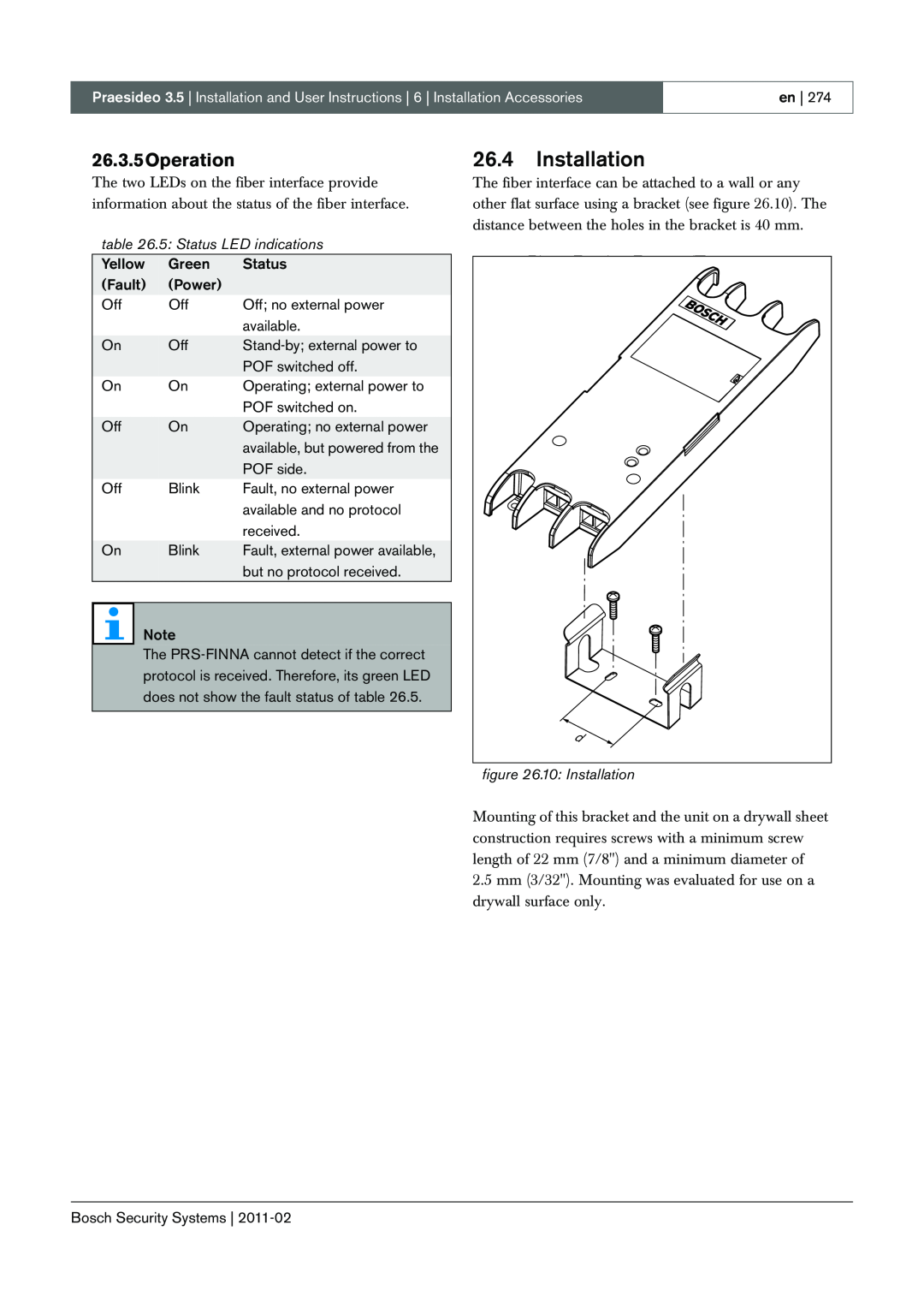 Bosch Appliances manual 26.4Installation, 26.3.5Operation, 5 Status LED indications, 10: Installation 