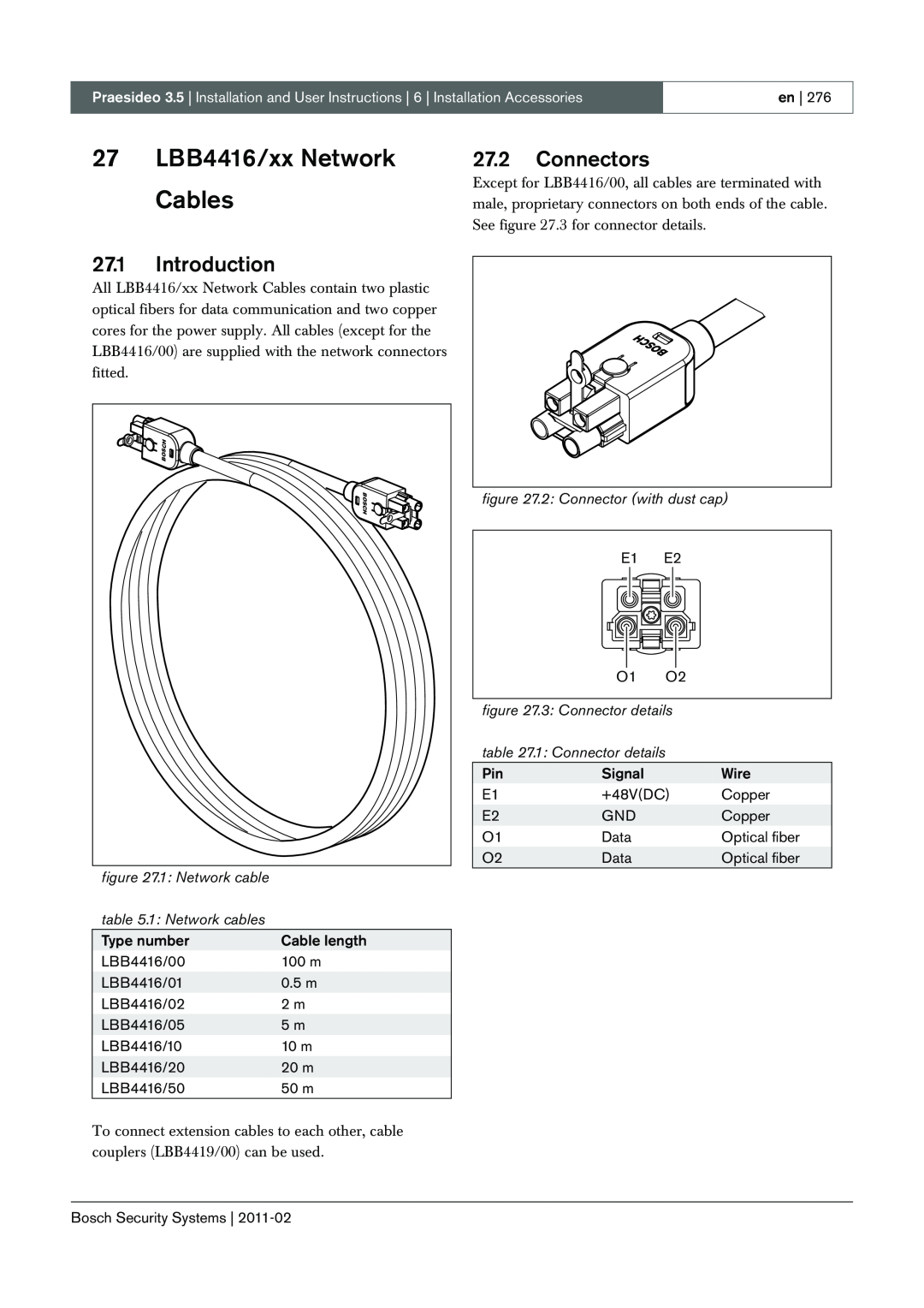 Bosch Appliances 3.5 manual 27LBB4416/xx Network Cables, 27.1Introduction, 27.2Connectors, 1: Network cables 
