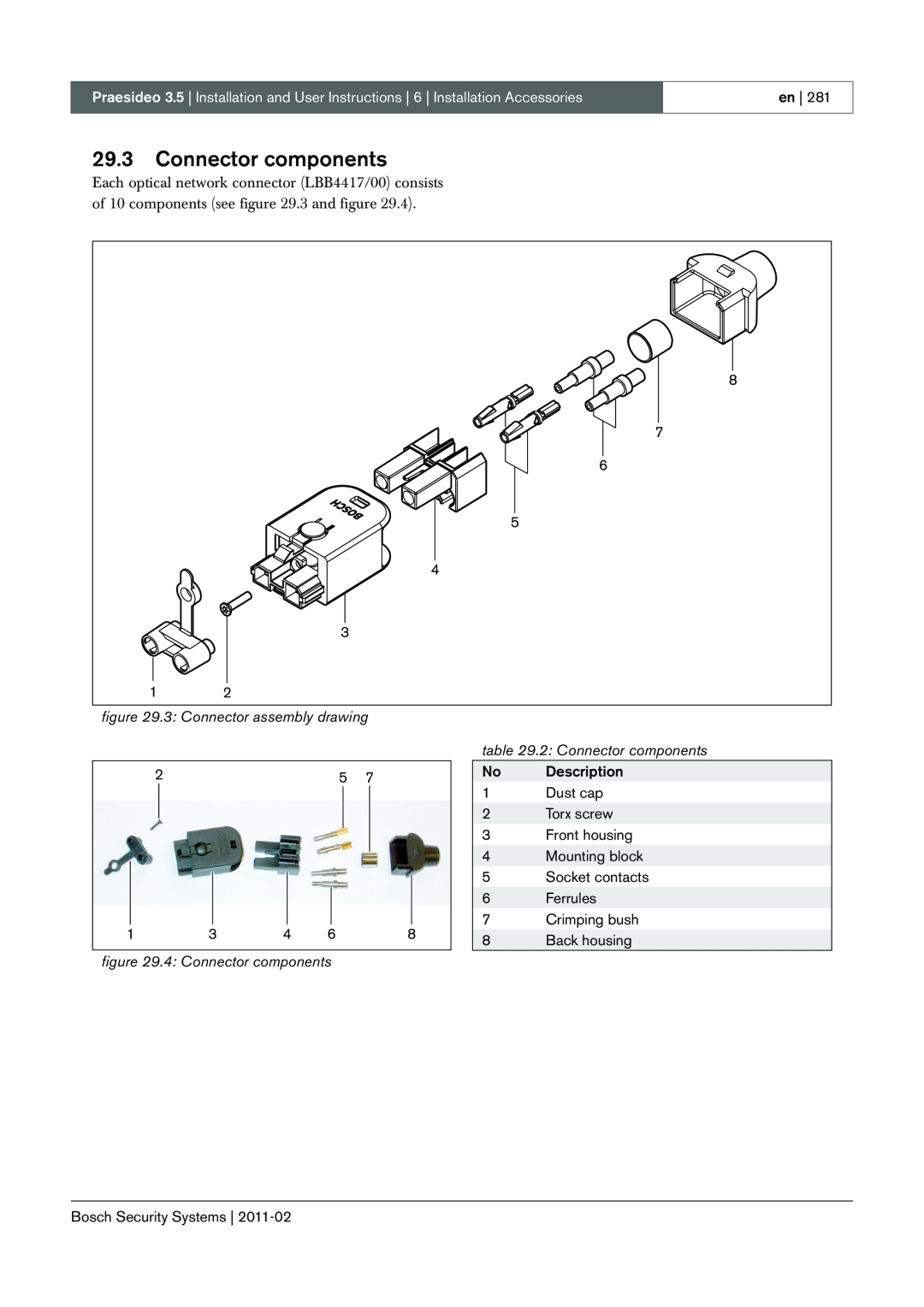 Bosch Appliances 3.5 manual 29.3Connector components, 3: Connector assembly drawing, 4: Connector components 