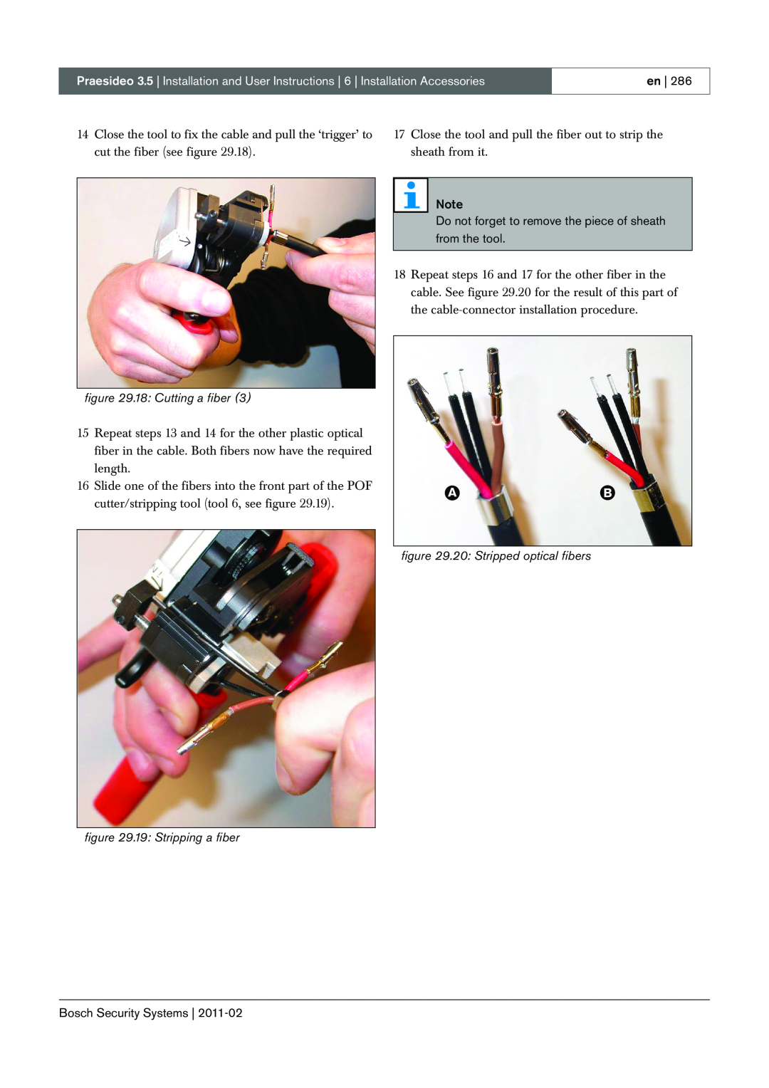 Bosch Appliances 3.5 manual 18: Cutting a fiber, 20 Stripped optical fibers, 19: Stripping a fiber, en, from the tool 