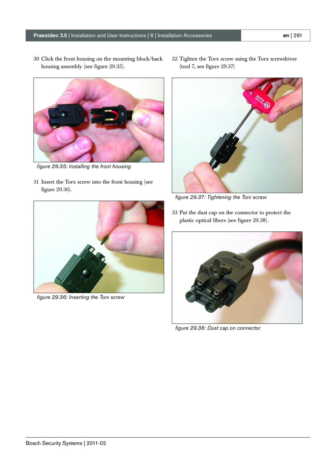 Bosch Appliances 3.5 manual 35: Installing the front housing, 36: Inserting the Torx screw, 37: Tightening the Torx screw 