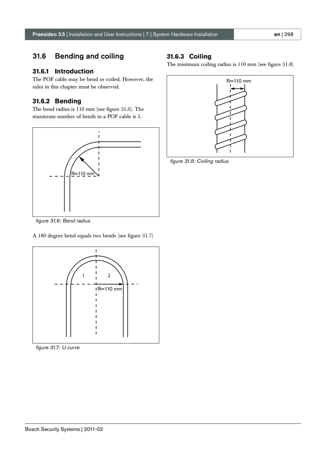 Bosch Appliances 3.5 manual 31.6Bending and coiling, Introduction, 6: Bend radius, 7: U curve, 8: Coiling radius 