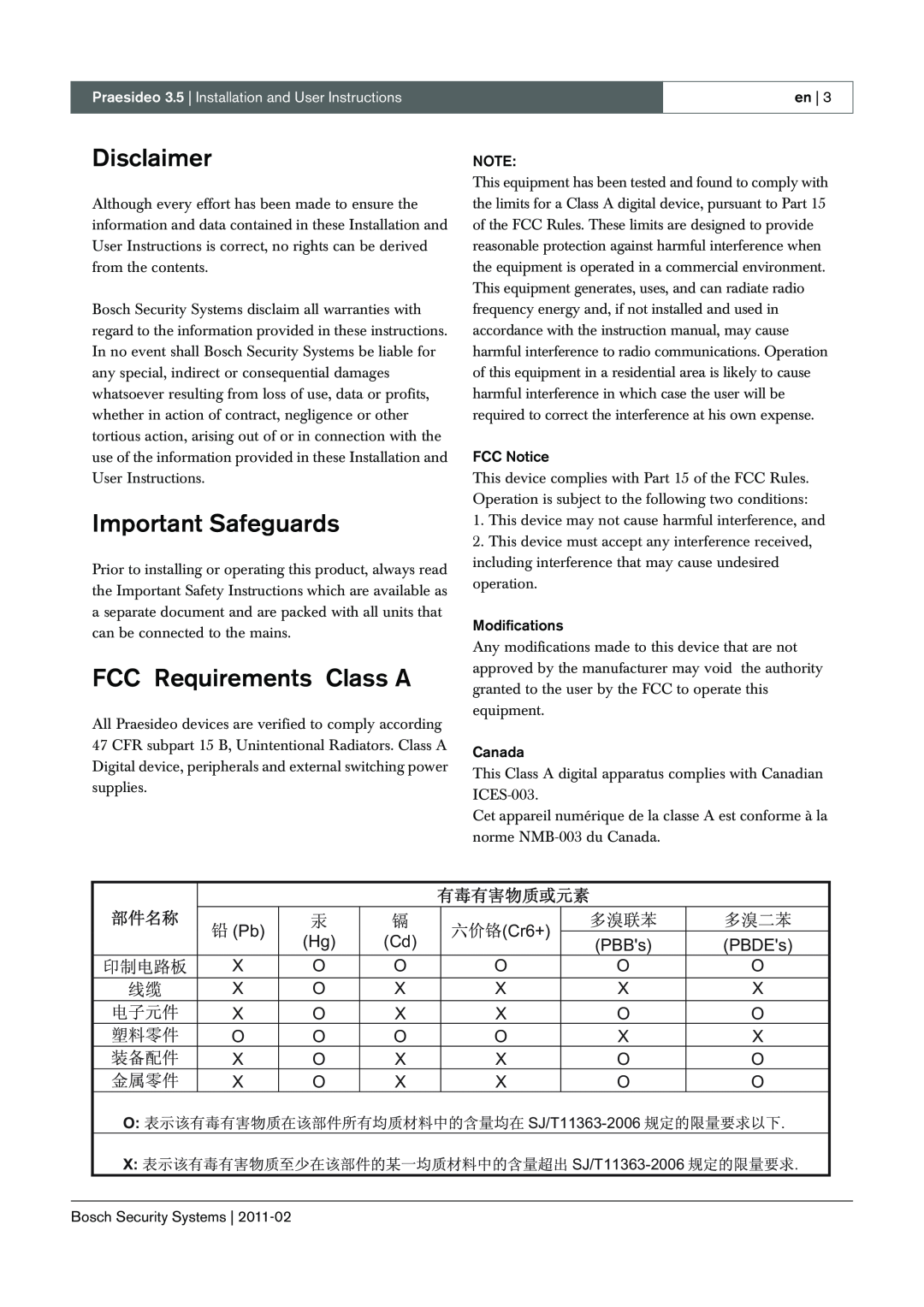 Bosch Appliances 3.5 manual Disclaimer, Important Safeguards, FCC Requirements Class A 