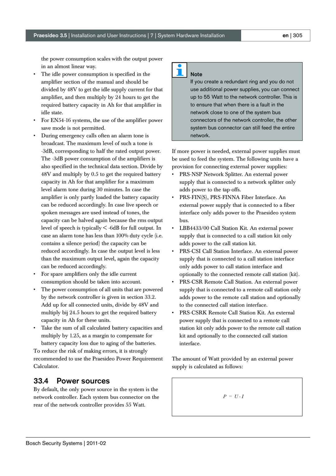 Bosch Appliances 3.5 manual 33.4Power sources, en, Bosch Security Systems 