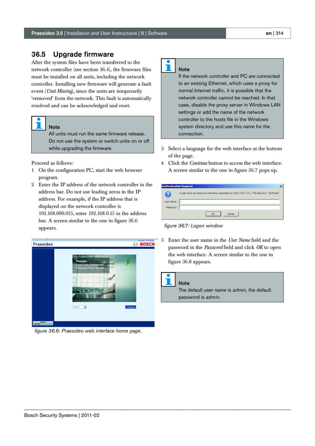 Bosch Appliances 3.5 manual 36.5Upgrade firmware, 6: Praesideo web interface home page, 7: Logon window 