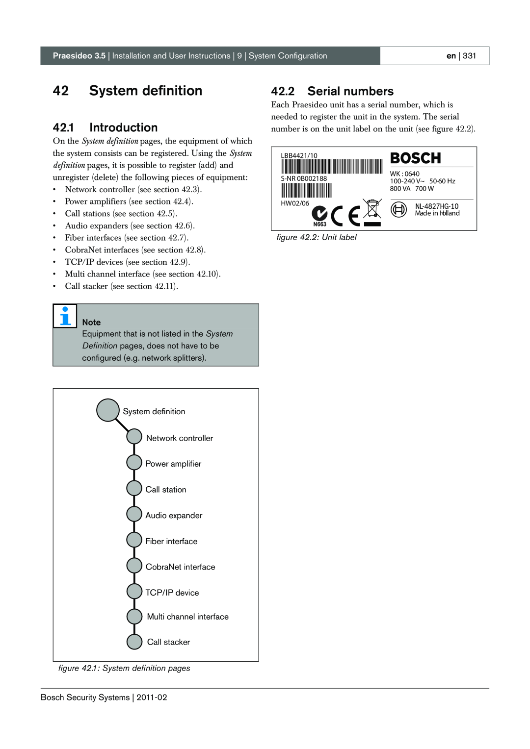 Bosch Appliances 3.5 manual 42.1Introduction, 42.2Serial numbers, 1: System definition pages, 2: Unit label 