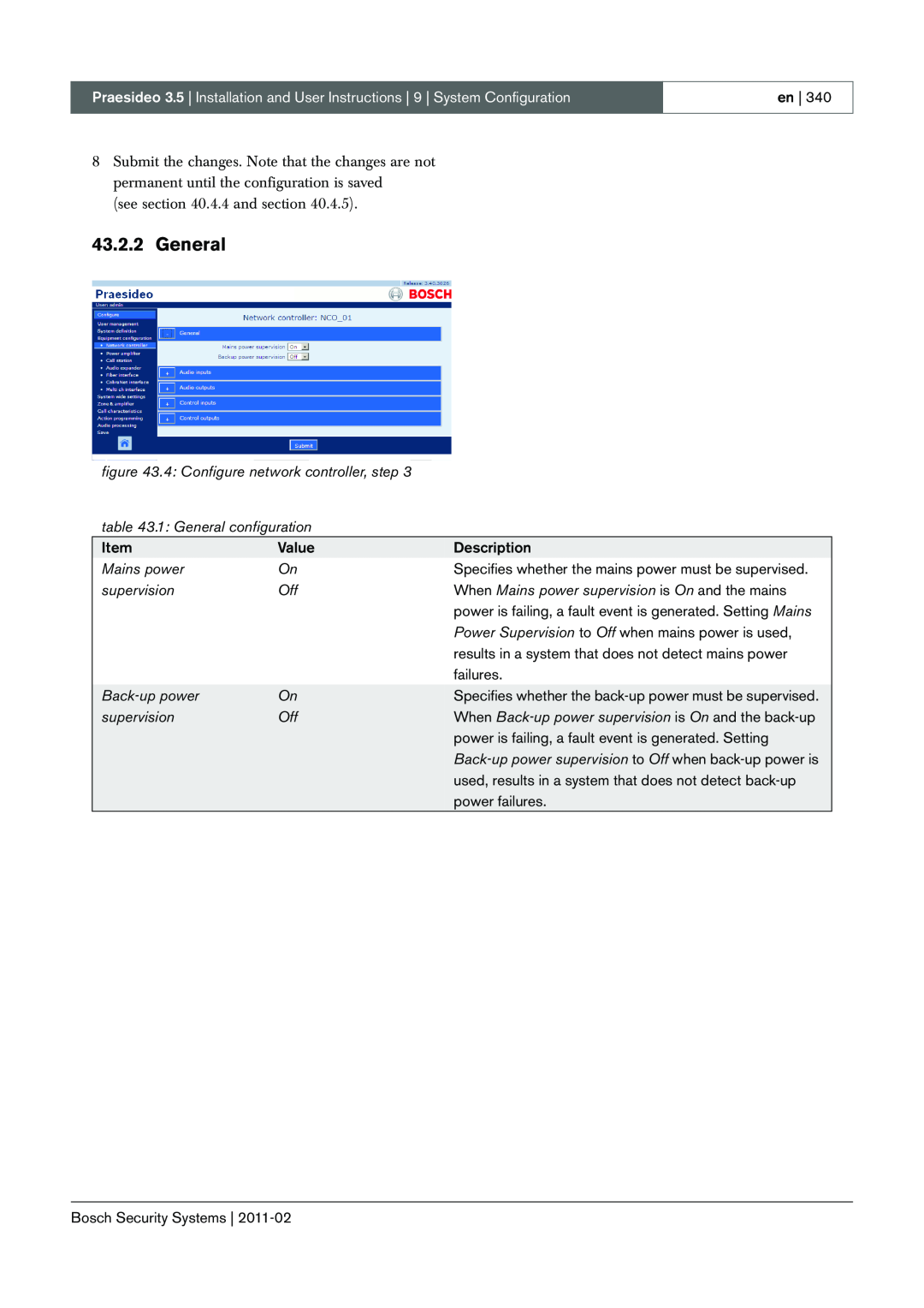 Bosch Appliances 3.5 manual 4 Configure network controller, step, 1: General configuration, Mains power, supervision 