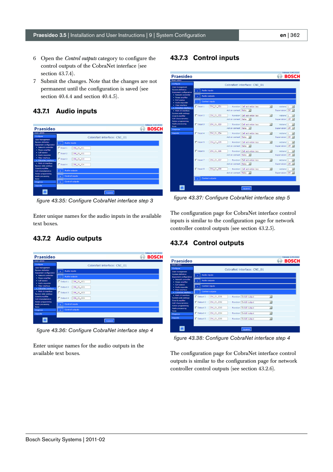 Bosch Appliances 3.5 Audio inputs, Audio outputs, Control inputs, Control outputs, 35: Configure CobraNet interface step 