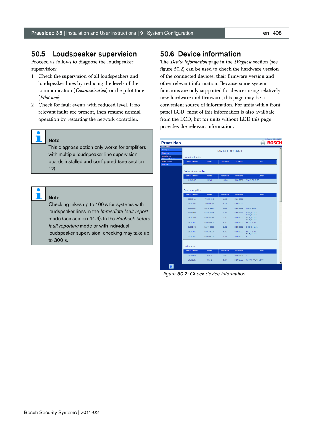 Bosch Appliances 3.5 manual 50.5Loudspeaker supervision, Device information, 2: Check device information, en 