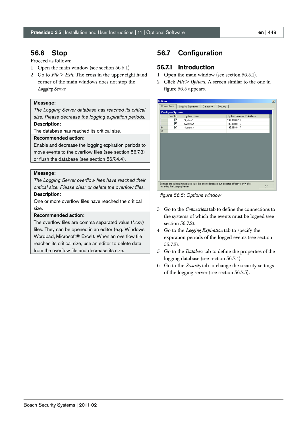 Bosch Appliances 3.5 manual 56.6Stop, 56.7Configuration, Introduction, 5: Options window 