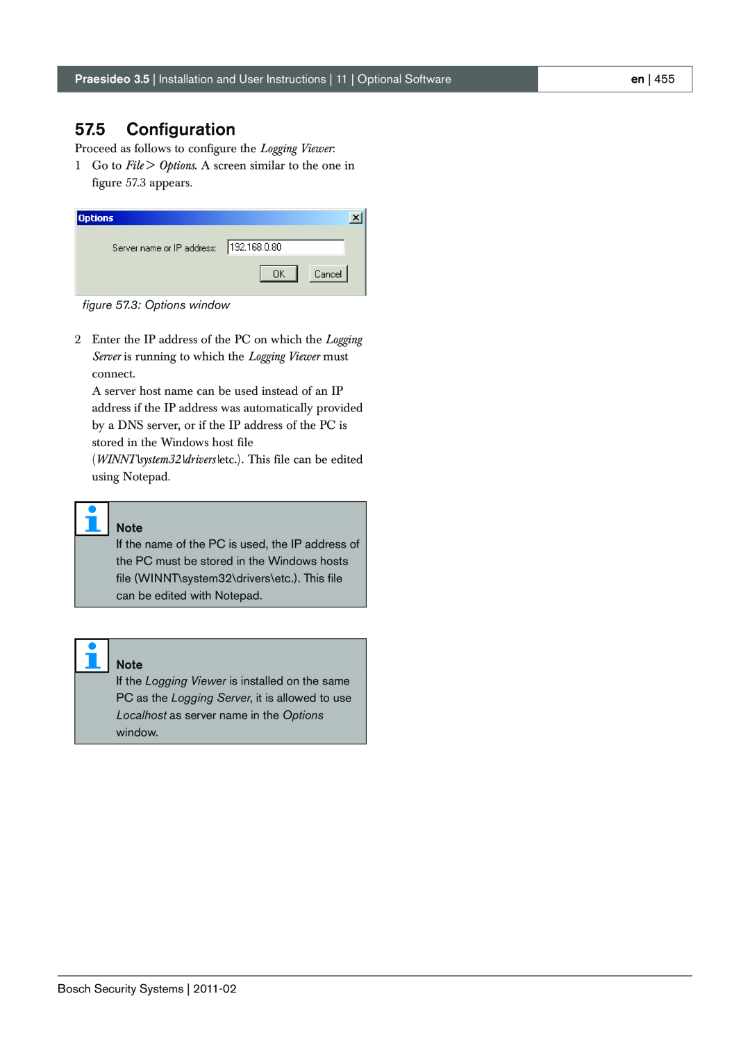 Bosch Appliances 3.5 manual 57.5Configuration, 3: Options window 