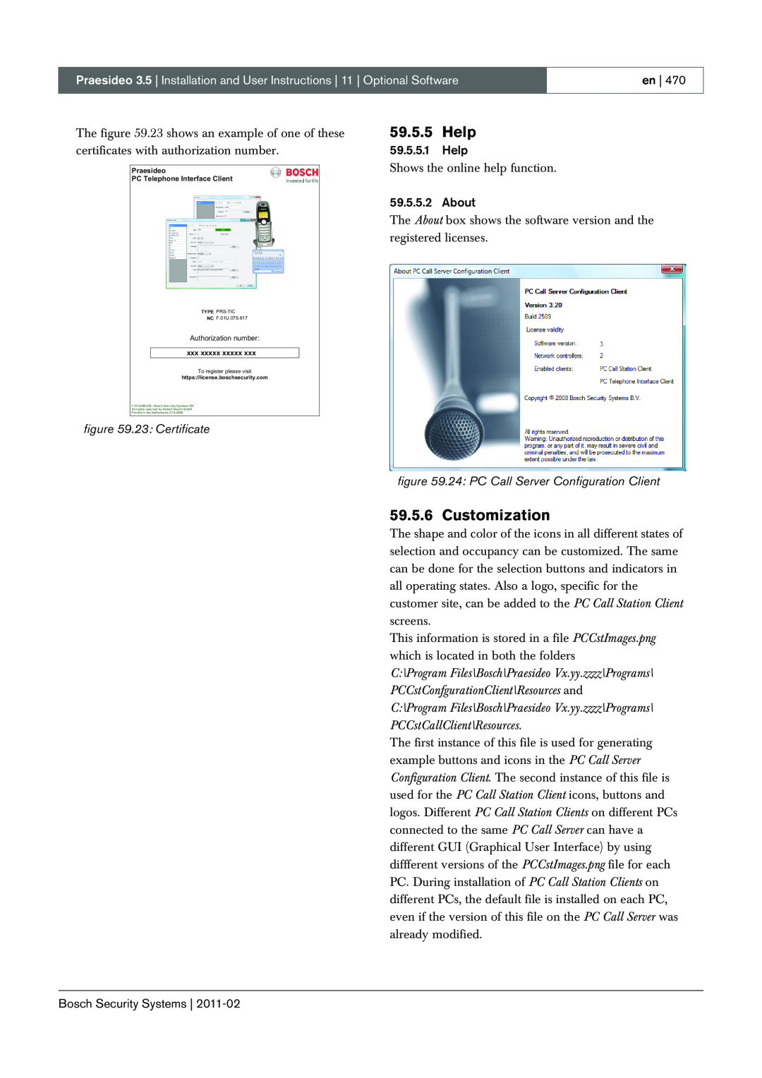 Bosch Appliances 3.5 manual Help, Customization, 23: Certificate, 24: PC Call Server Configuration Client 