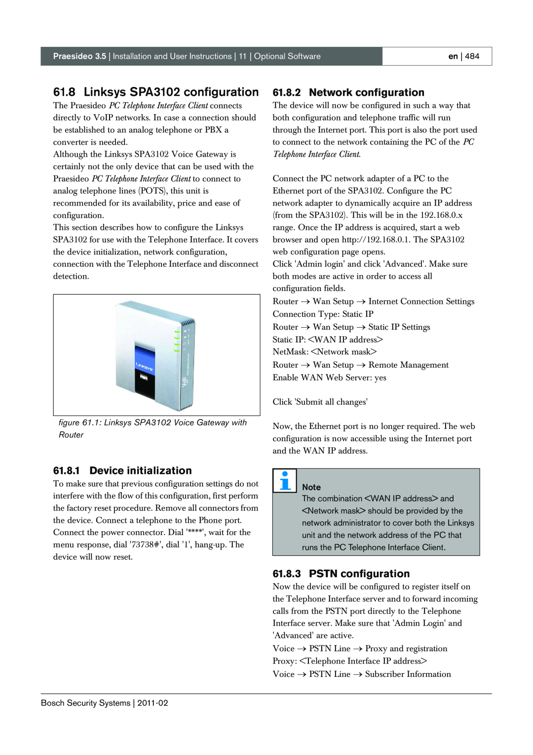 Bosch Appliances 3.5 manual Linksys SPA3102 configuration, Network configuration, Device initialization, PSTN configuration 