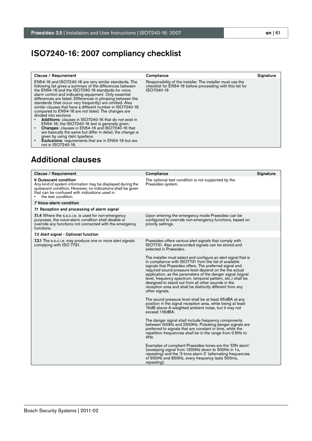 Bosch Appliances 3.5 manual ISO7240-16:2007 compliancy checklist, Additional clauses 