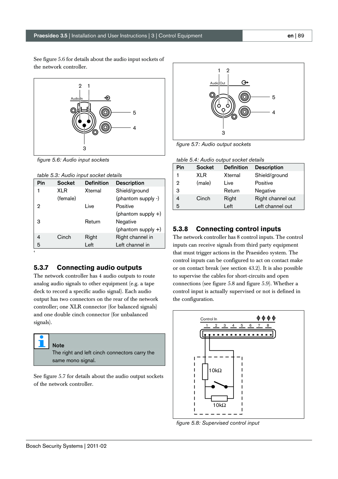 Bosch Appliances 3.5 manual 5.3.7Connecting audio outputs, 5.3.8Connecting control inputs, 6: Audio input sockets 
