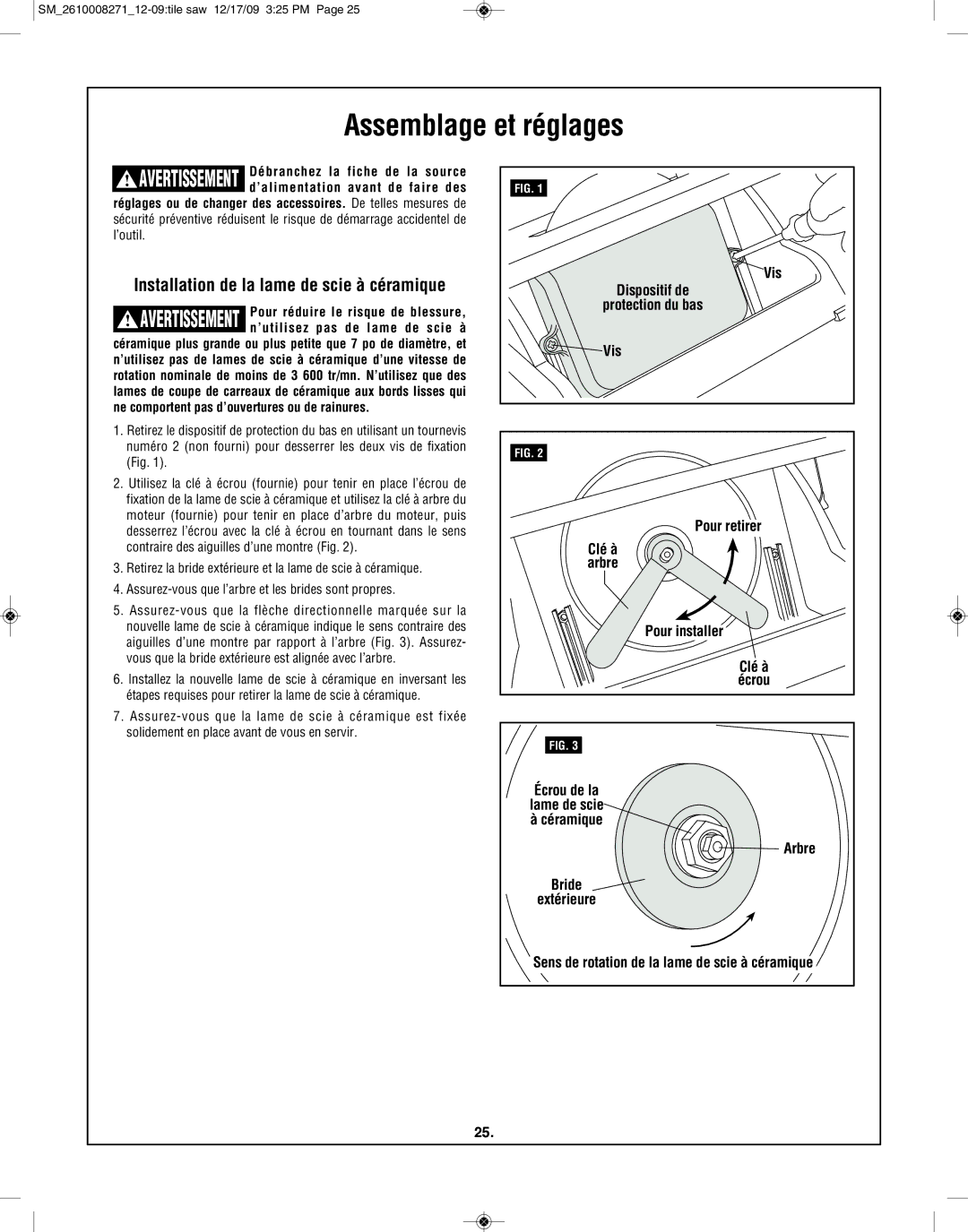 Bosch Appliances 3540 manual Assemblage et réglages, Installation de la lame de scie à céramique, Pour retirer, Clé à 