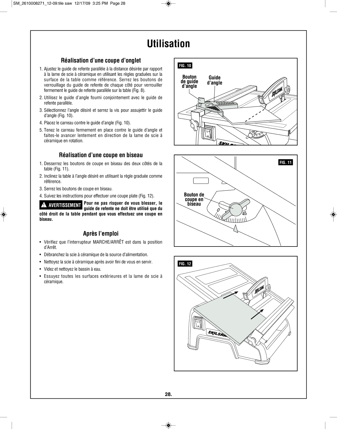 Bosch Appliances 3540 manual Réalisation d’une coupe d’onglet, Réalisation d’une coupe en biseau, Après l’emploi 